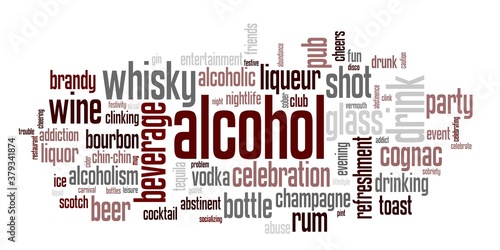 Foto Wordcloud with word Alcohol and other tags connected with alcoholism, abuse of d