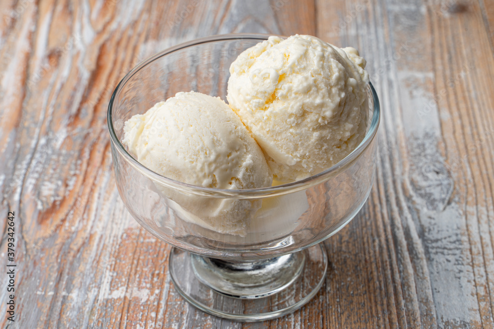 Two scoops of vanilla ice cream in a glass Two scoops of vanilla ice cream in a glass
