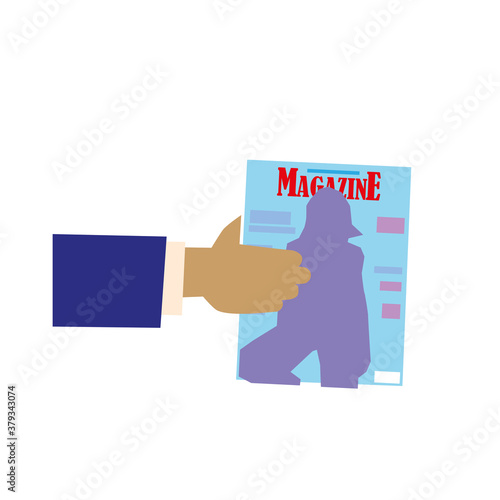 hand and magazine cartoon vector illustration gray background