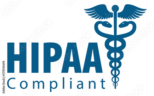 HIPAA Compliant text and Caduceus symbol with wings icon isolated on white background