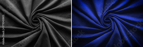 Top view of circular spiral fabric, black and blue cotton fabric, blue and black cloth background, Spiral swirl fabric, swirl cloth, Twisted background, twisted cloth, High resolution,  photo