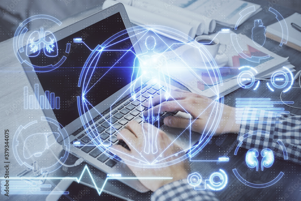 Science hologram with man working on computer on background. Concept of study. Double exposure. Science hologram with man working on computer on background. Concept of study. Double exposure.