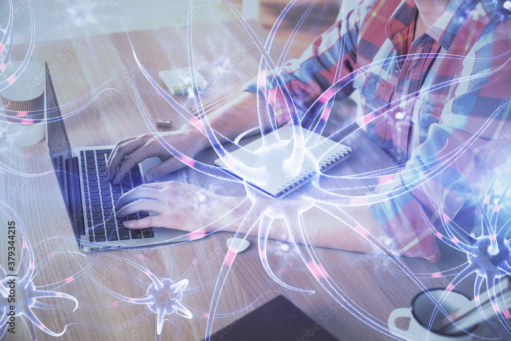 Neuron hologram with man working on computer on background. Education concept. Double exposure. Neuron hologram with man working on computer on background. Education concept. Double exposure.