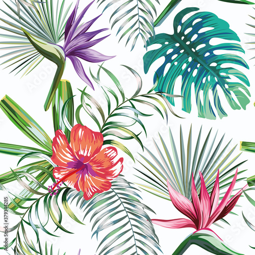 Fototapeta Naklejka Na Ścianę i Meble -  Beautiful exotic tropical plants and hibiscus, bird of paradise flowers seamless vector pattern on white background