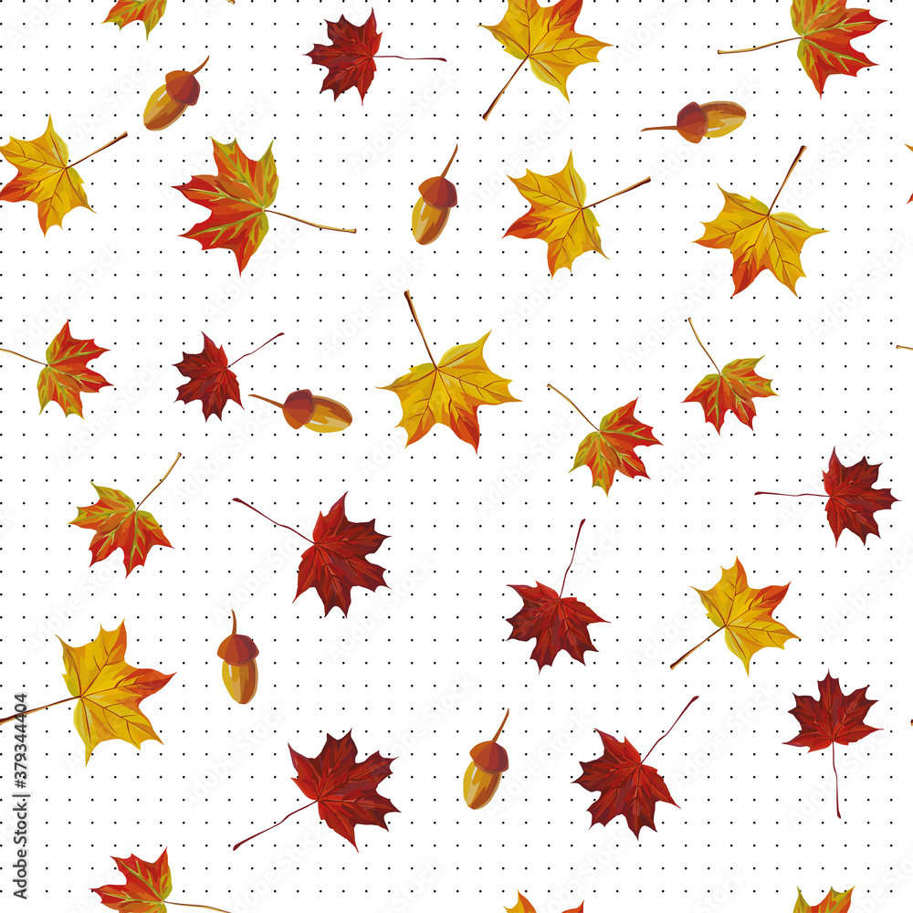 Beautiful vector Maple leaf and acorn seamless pattern white background in black dots Beautiful vector Maple leaf and acorn seamless pattern white background in black dots
