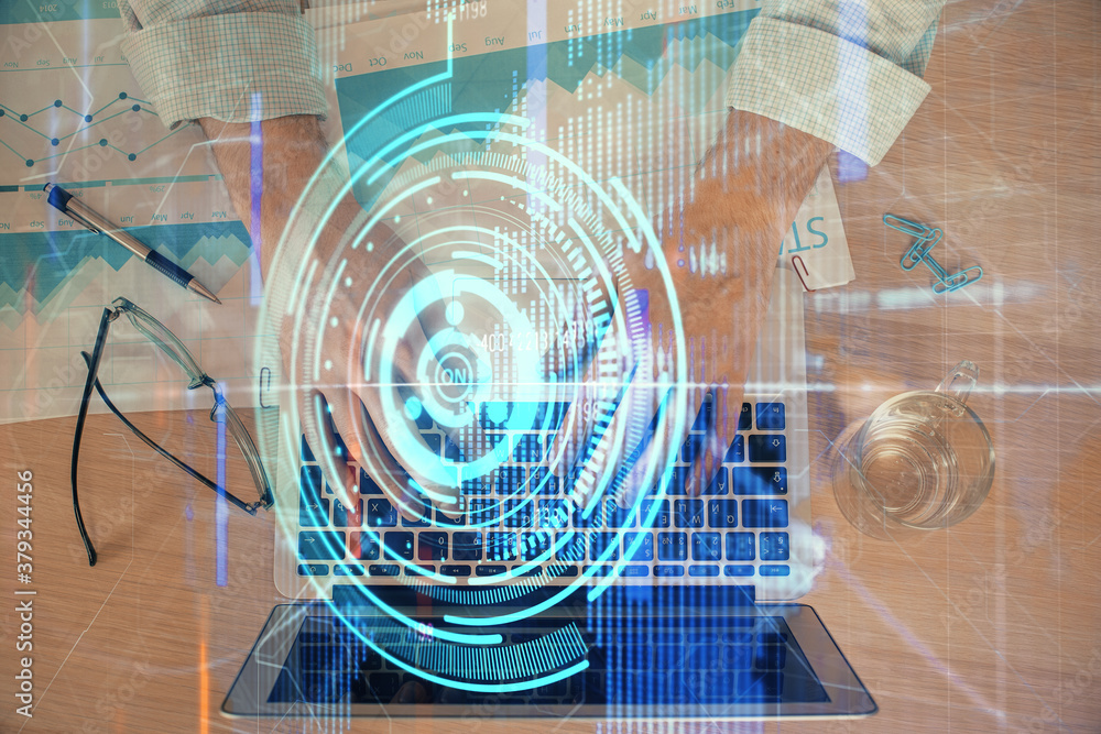 Businessman with computer background with technology theme hologram. Concept of big data. Double exposure. Businessman with computer background with technology theme hologram. Concept of big data. Double exposure.