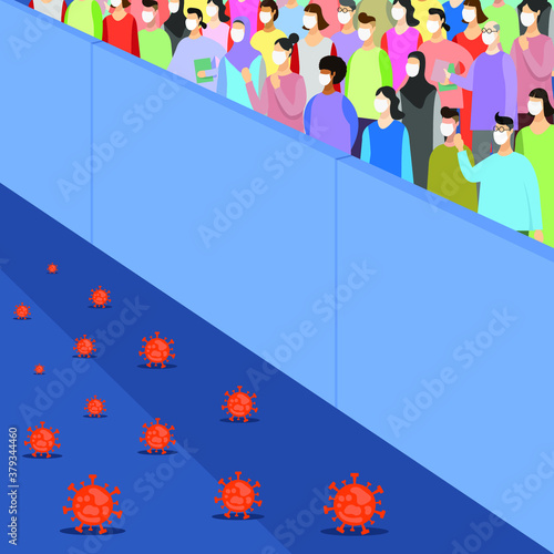 Novel coronavirus or covid-19 outbreak. A group people standing behind the wall avoiding virus attack. Quarantine or lockdown concept. vector illustration. photo