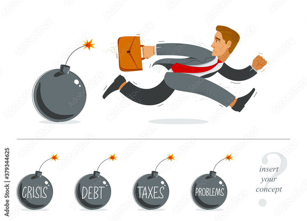 Business man run from a bomb symbolizes problems such as debt crisis or taxes vector illustration, funny comic cute cartoon businessman worker or employee in a rush. Business man run from a bomb symbolizes problems such as debt crisis or taxes vector illustration, funny comic cute cartoon businessman worker or employee in a rush.