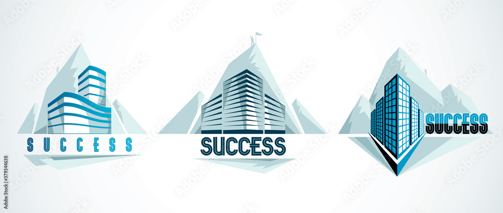Obraz premium Rock climber as a concept of reaching goal of success behind of modern architecture business office building. Career concept. Vector illustrations set. Real estate realty center, futuristic facade.