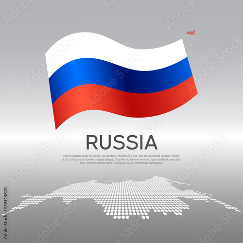 Russia wavy flag and mosaic map on light background. Creative background for the national russian poster. Vector design. Business booklet. State russian patriotic banner, flyer