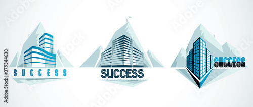 Rock climber as a concept of reaching goal of success behind of modern architecture business office building. Career concept. Vector illustrations set. Real estate realty center, futuristic facade.