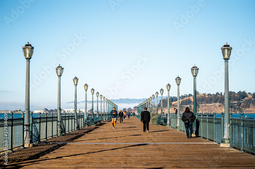 Pier 7 and the view of harbour in San Francisco during summer season in the afternoon from  the heart of San Francisco , California , United Staes of America