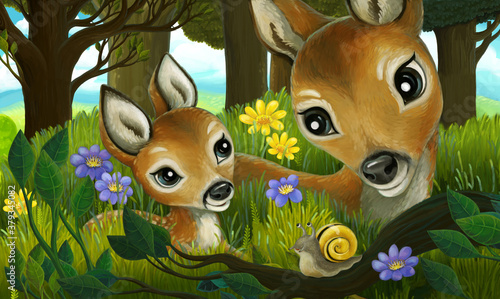 cartoon scene with animals family of deers in the forest illustration © honeyflavour