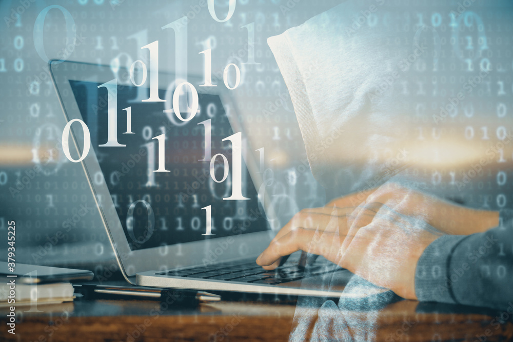 Fototapeta premium A man working on Laptop with technology theme drawing. Concept of big data. Double exposure.
