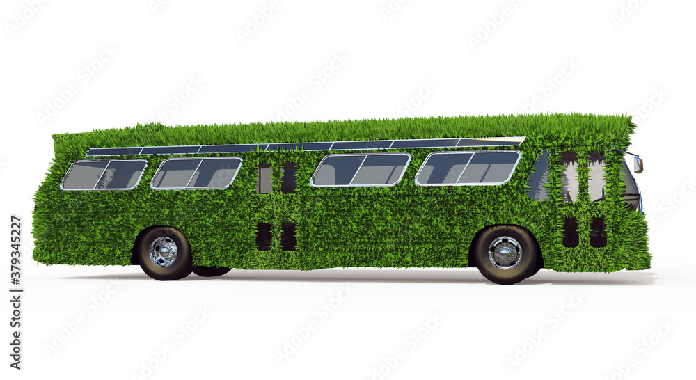 Side View of the Bus is Overgrown with Green Grass. Eco-Friendly Urban Transport Concept. 3D Render Isolated on a White Background. - obrazy, fototapety, plakaty 