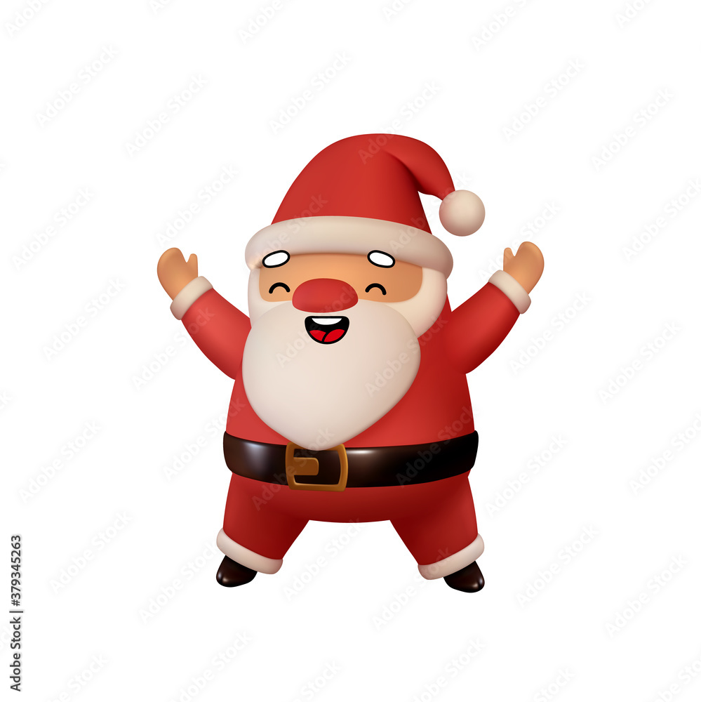 Joyful Santa Claus in red clothes is welcomes. Realistic 3d character compatible doodle emoji elements on face. Isolated on white background for Xmas festive design. Vector illustration Joyful Santa Claus in red clothes is welcomes. Realistic 3d character compatible doodle emoji elements on face. Isolated on white background for Xmas festive design. Vector illustration