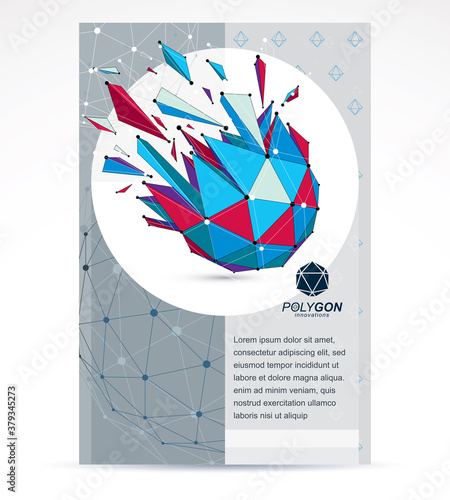 Communication technologies business corporative flyer template. Graphic vector illustration. Abstract bright demolished geometric form, 3d shape with splinters and refractions.