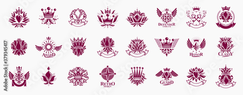 De Lis and crowns vintage heraldic emblems vector big set, antique heraldry symbolic badges and awards collection with lily flower symbol, classic style design elements, family emblems.