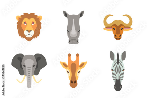 portrait collection of african wild animal isolated on white background flat vector illustration