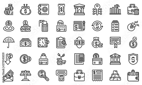 Bank icons set. Outline set of bank vector icons for web design isolated on white background