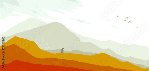 Fotografie, Obraz Beautiful scenic nature landscape with traveler pilgrim vector illustration autumn season with grasslands meadows hills and mountains, fall hiking traveling trip to the countryside concept