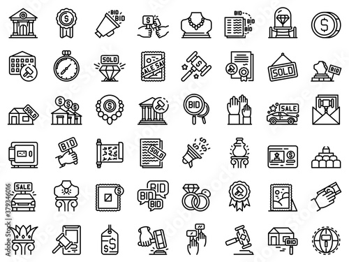 Auction icons set. Outline set of auction vector icons for web design isolated on white background