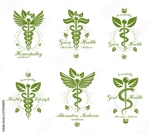 Set of Caduceus vector conceptual emblems created with snakes and green leaves. Wellness and harmony metaphor. Alternative medicine concept, phytotherapy logotypes.