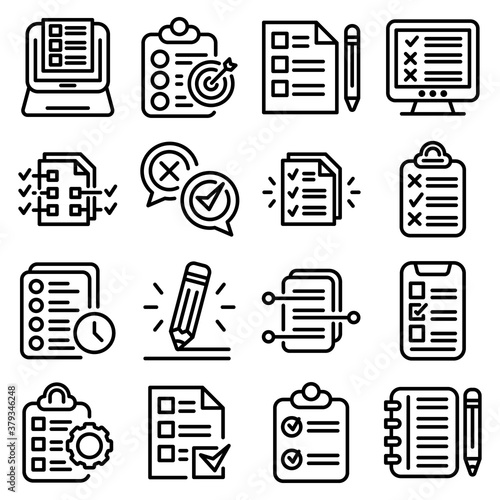 Assignment icons set. Outline set of assignment vector icons for web design isolated on white background