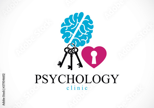Mental health and psychology conceptual logo or icon, psychoanalysis and psychotherapy as a key to human mind concept. Vector simple classic design.
