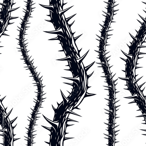 Horror art style seamless pattern, vector background. Blackthorn branches with thorns stylish endless illustration. Hard Rock and Heavy Metal subculture music textile fashion stylish design.