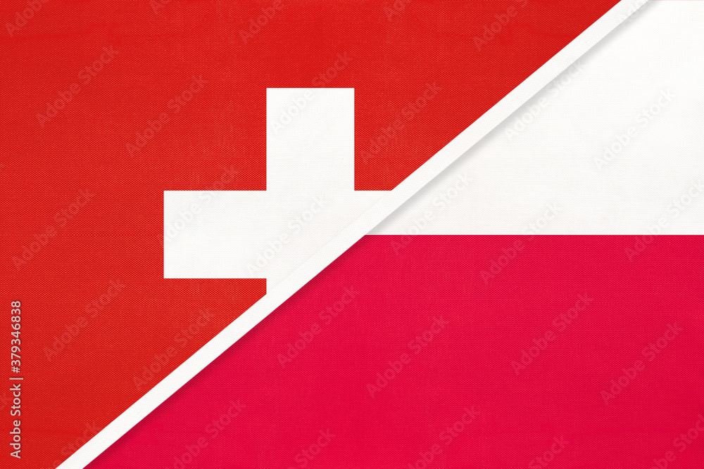 Obraz premium Switzerland and Poland, symbol of national flags from textile. Championship between two countries.