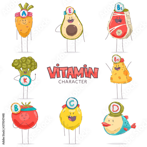 Cute vitamin characters vector cartoon set isolated on a white background. Healthy food illustration.