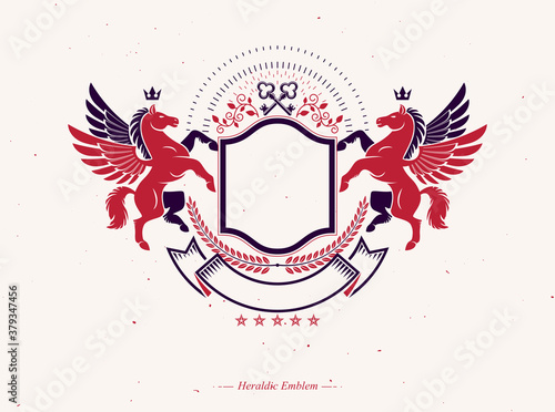 Graphic vintage emblem composed with winged Pegasus ancient animal element, royal crown and beautiful ribbon.Heraldic vector design element. Retro style label, heraldry logo.