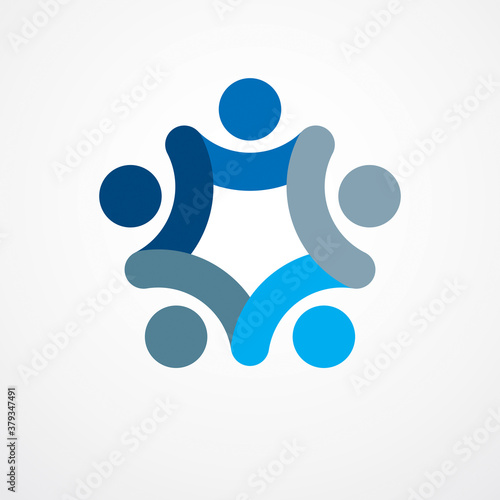 Teamwork businessman unity and cooperation concept created with simple geometric elements as a people crew. Vector icon or logo. Friendship dream team, united crew blue design.