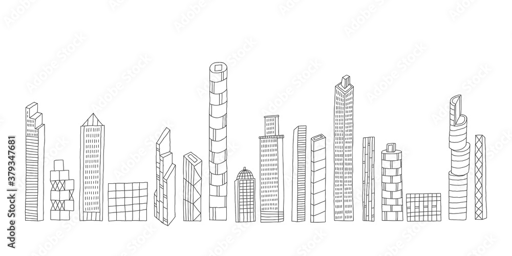 Set of hand drawn buildings, skyscrapers. Design for poster, card, wall art and t-shirt, cover. Baby style. Cartoon city background. Vector illustration.