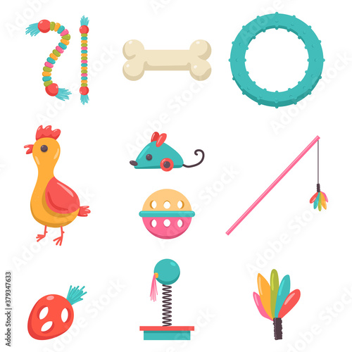 Dog and cat toys vector cartoon set isolated on a white background.