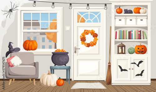 Vector illustration of autumn living room decorated for Halloween.