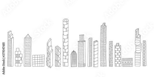 Set of hand drawn buildings  skyscrapers. Design for poster  card  wall art and t-shirt  cover. Baby style. Cartoon city background. Vector illustration.