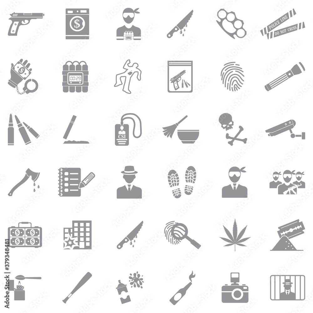 Crime Icons. Gray Flat Design. Vector Illustration.