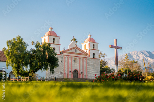 Old mission Santa Barbara during summer season . One of the famous tourist places in Santa Barbara near Pacific ocean coast  , California , USA