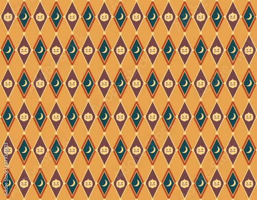 Halloween seamless pattern design with seasonal festive element design, autumn seasonal ,cute and spooky pumpkin ,jack o lantern and moon in diamond shape