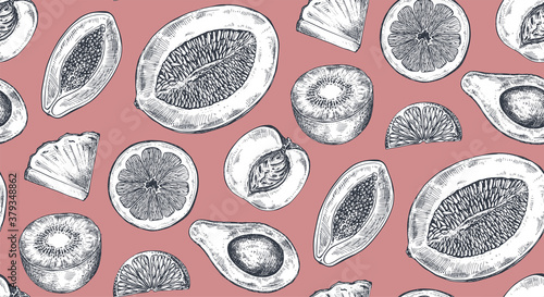 Vector seamless pattern with hand drawn fruits in sketch style. Farm market products.
