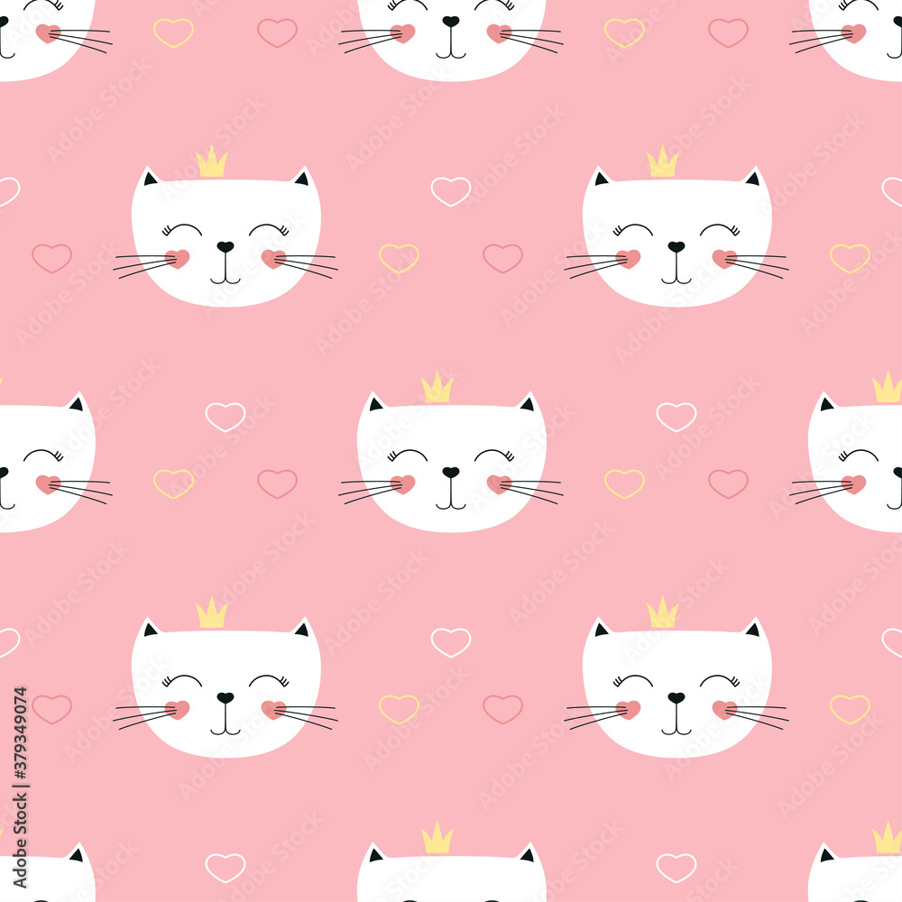 cute princess cats seamless pattern, vector illustration