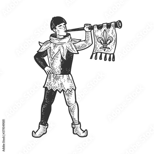 medieval trumpeter sketch engraving vector illustration. T-shirt apparel print design. Scratch board imitation. Black and white hand drawn image.