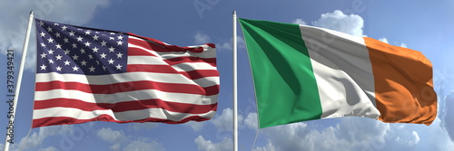 Flying flags of the USA and Ireland on high flagpoles. 3d rendering
