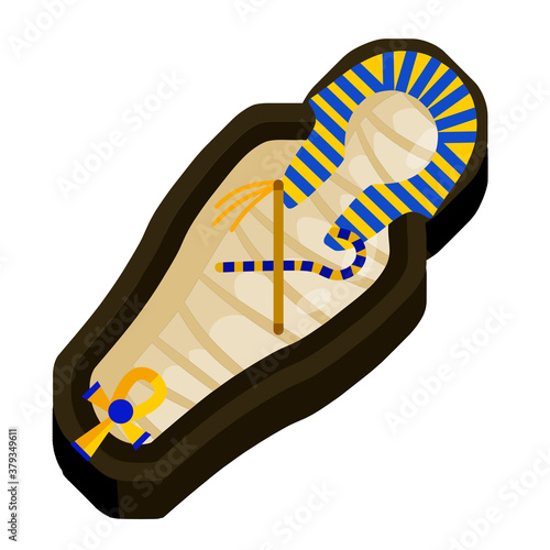 Mummy in sarcophagus. Body of Pharaoh. Egyptian king. Archaeology and Halloween monster. Flat cartoon illustration. Golden scepter and symbol of immortality