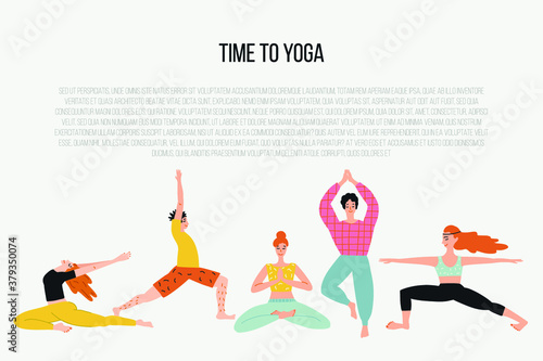 Vector collection with cartoon people in yoga position and meditate. Cute illustration of people doing exercise. Lifestyle infographics, mental and physical benefits of practice.