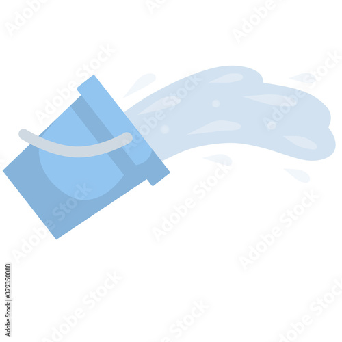 Blue bucket of water. Splash and splatter. Cleaning the house. Object for washing. Blue puddle on the floor. Liquid pours out. Cartoon flat illustration