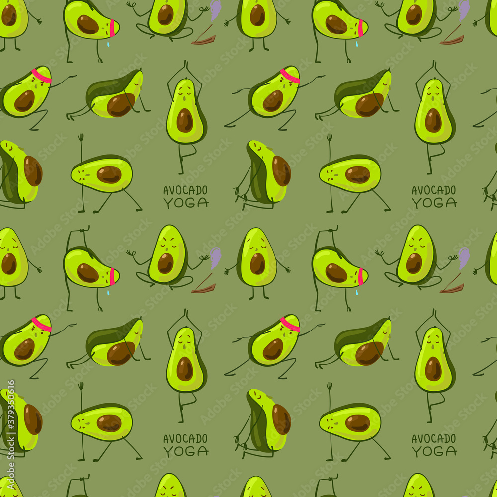 Avocado yoga seamless pattern. Cartoon style cute avocado do yoga