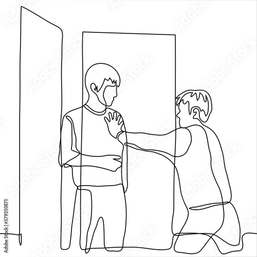 man stands in the doorway another guy pushes him back out of the room. one continuous line drawing concept of unwanted guests, drive away / kick out of the house, unwelcome host, antisocial outsider